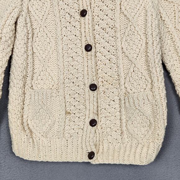 Fisherman Cardigan Sweater Womens Medium Cream Cable Knit Button Front Pockets - Picture 6 of 15